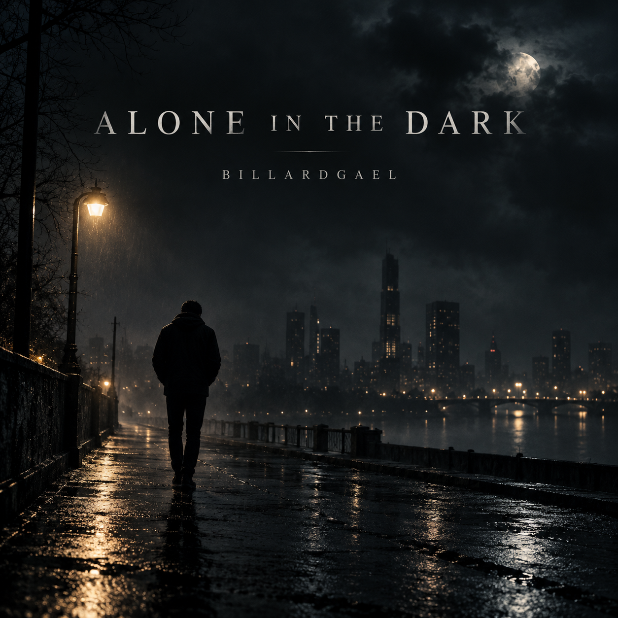 Alone in the Dark cover: a lone figure on a rainy riverside beneath the moon