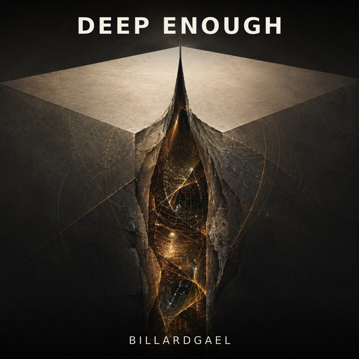 Deep Enough cover: a golden, intricate world revealed inside a fissure in dark rock